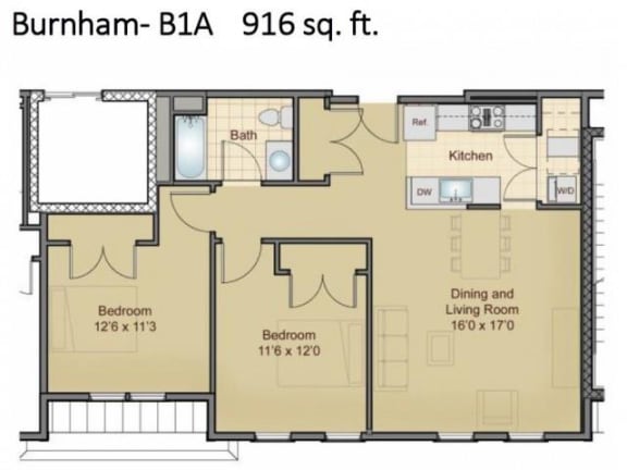 Taymil Burnham 2 Bedroom 1 Bathroom Floor Plan